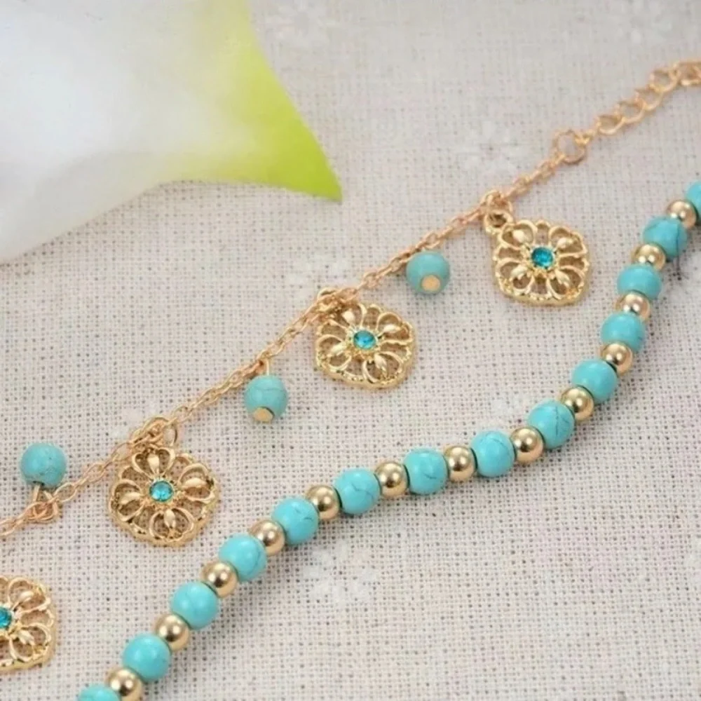 Boho Bohemian Gold Toned Turquoise Beaded Anklet - Picture 4 of 13